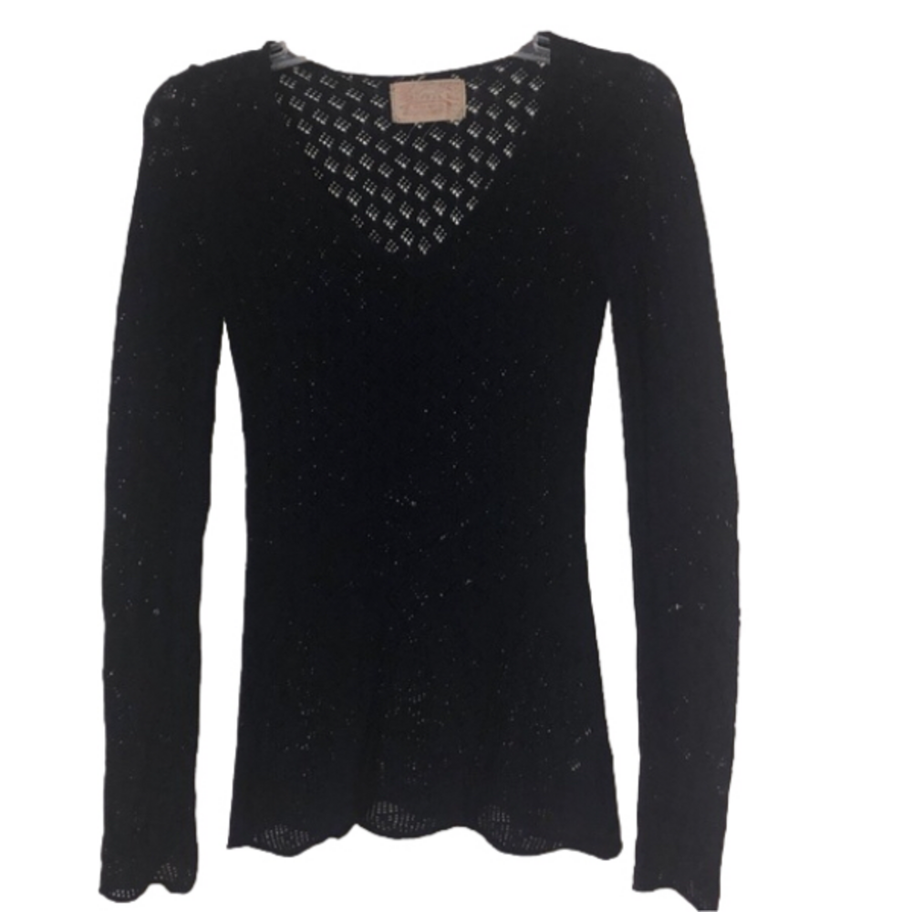 Buffalo David Bitton Vintage Mesh Knit V-Neck Top Sheer Scalloped Black XS